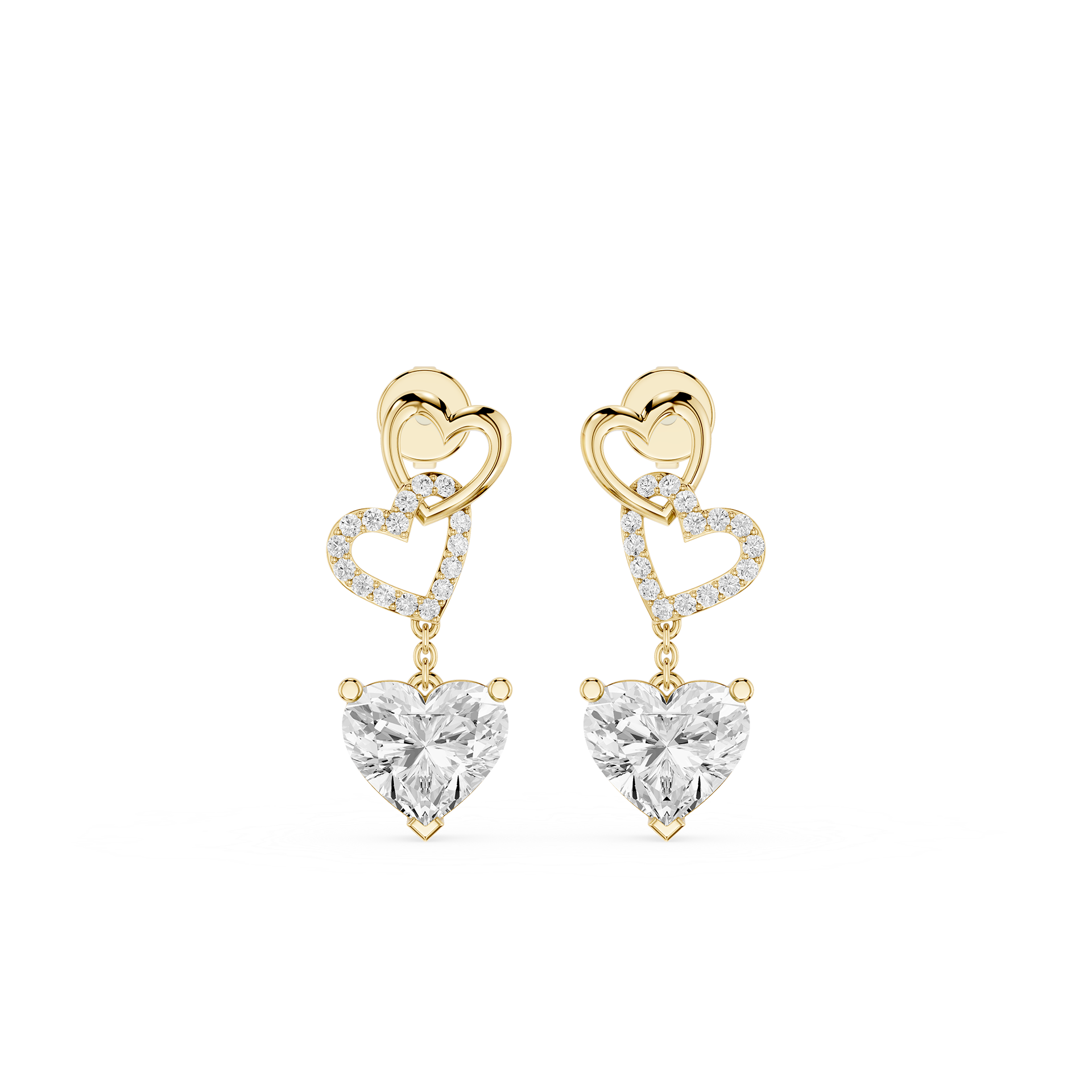 Heart-shaped earrings with gold and clear gemstones on a white background