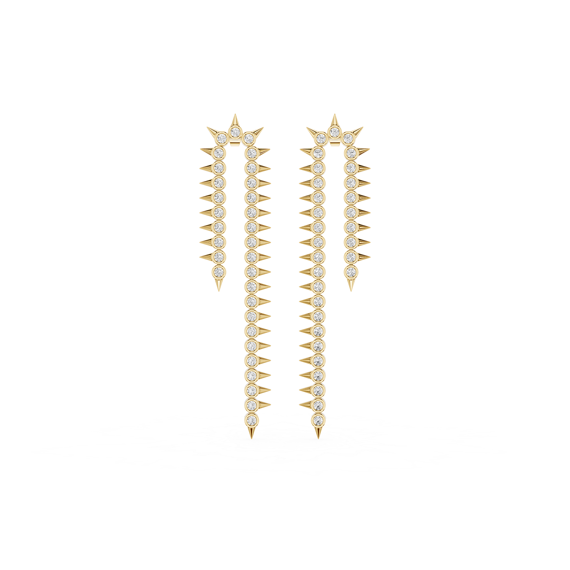 A pair of gold dangle earrings with star-shaped tops, rows of clear stones, and sharp spike details, shown on a plain white background.