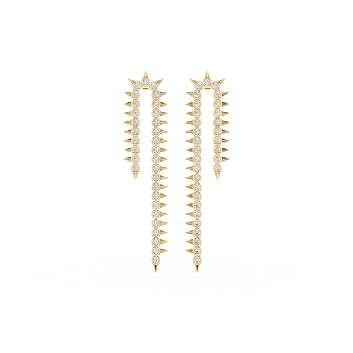 A pair of gold dangle earrings with star-shaped tops, rows of clear stones, and sharp spike details, shown on a plain white background.