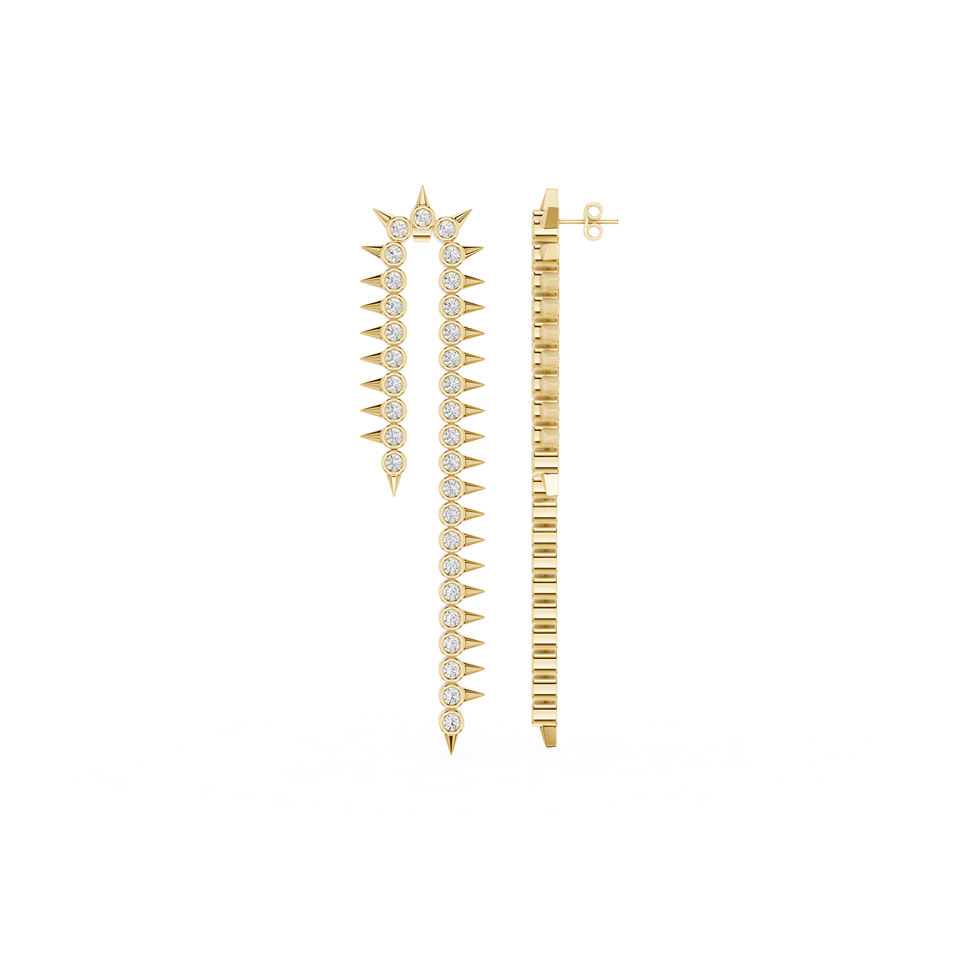 Gold spike earrings with clear gemstones on a white background
