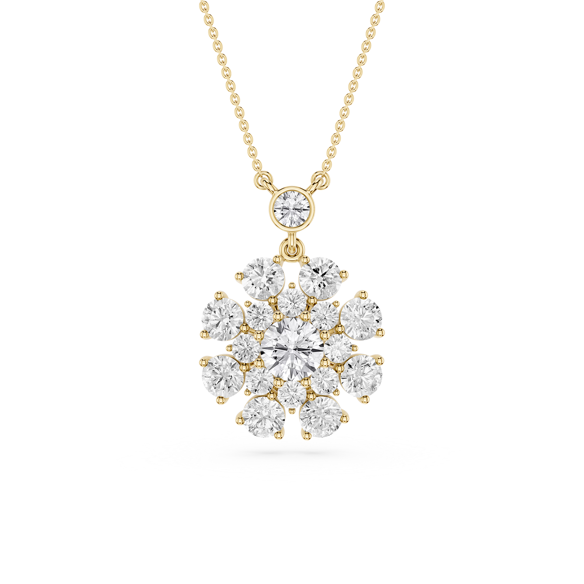 Gold necklace with a diamond pendant on a white background