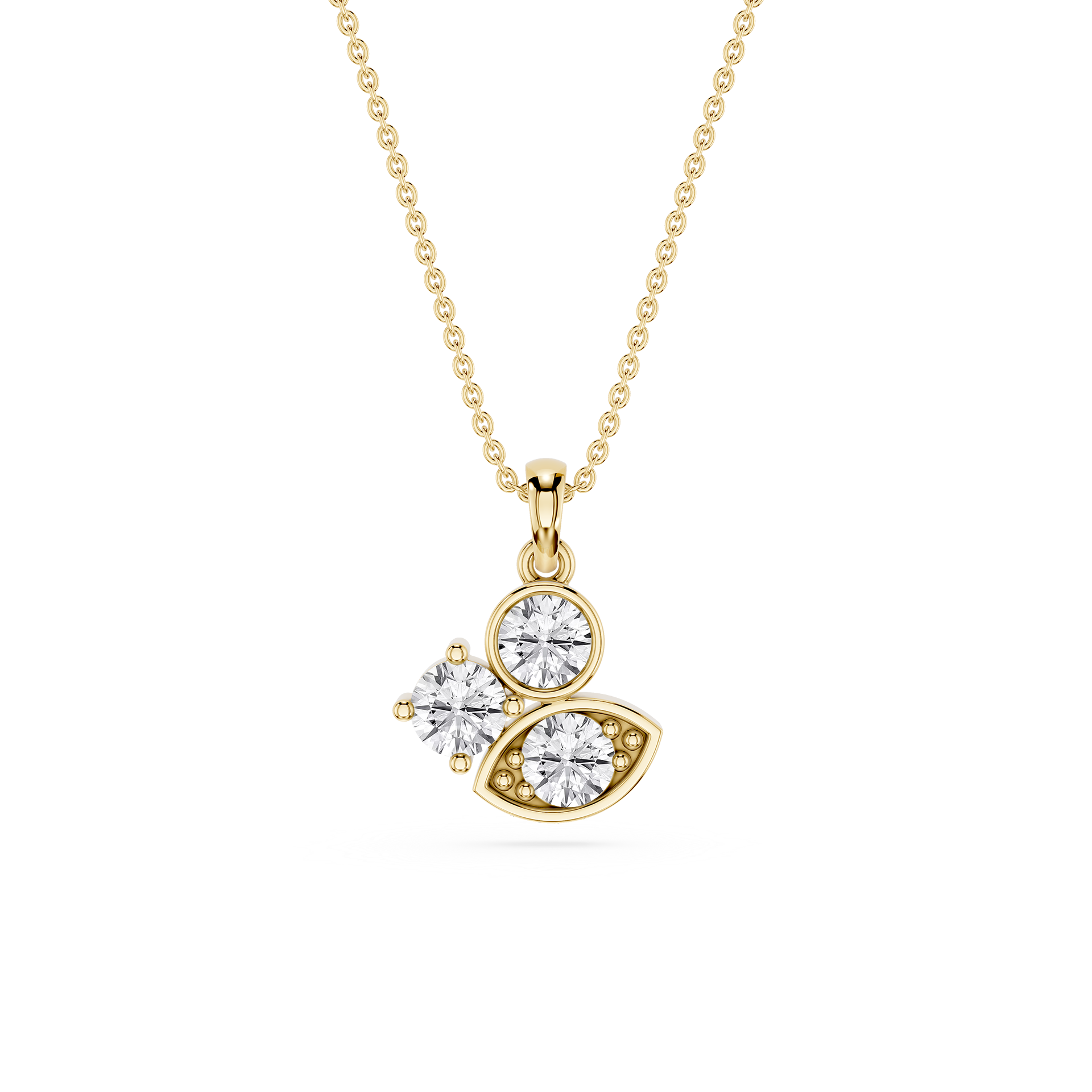 Gold necklace with a diamond pendant on a white background