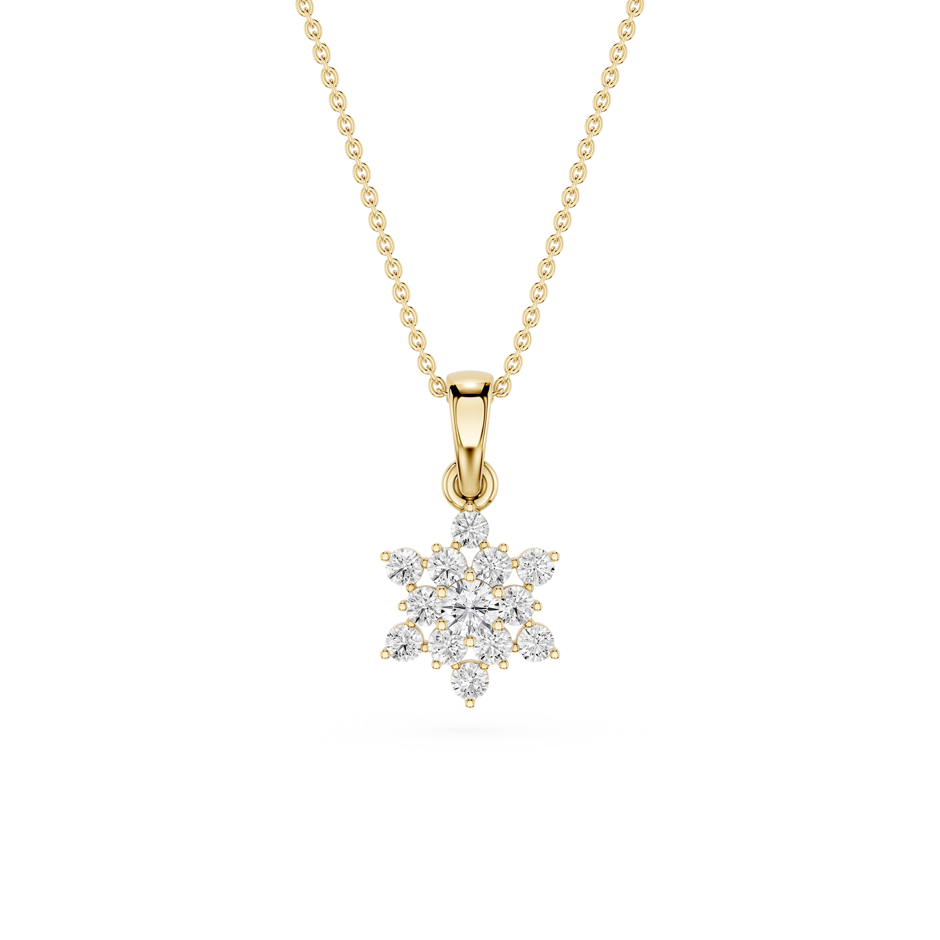 Gold necklace with a diamond pendant on a white background