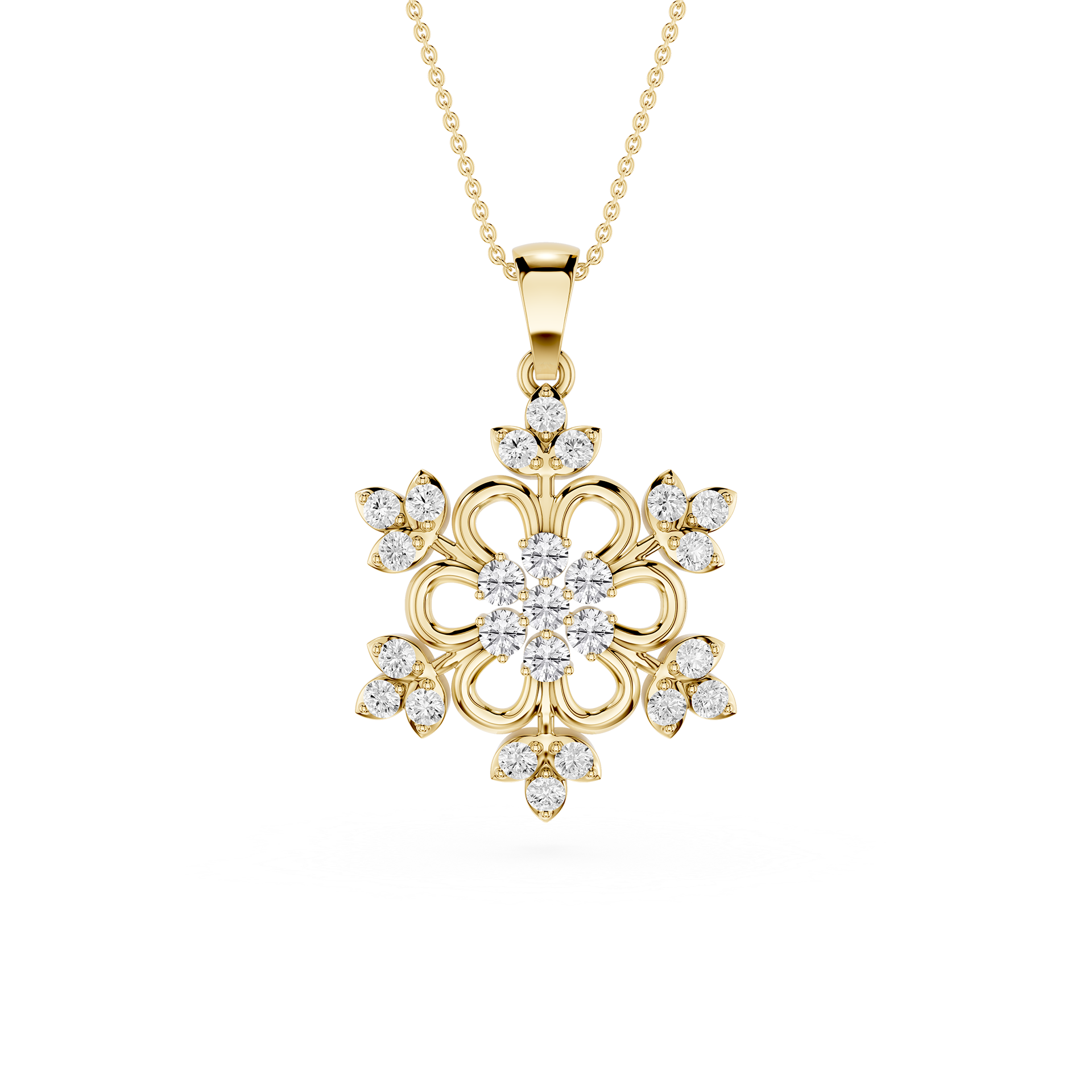 Gold necklace with a snowflake-shaped pendant on a white background