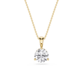 Gold necklace with a round diamond pendant on a white background