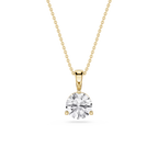 Gold necklace with a round diamond pendant on a white background