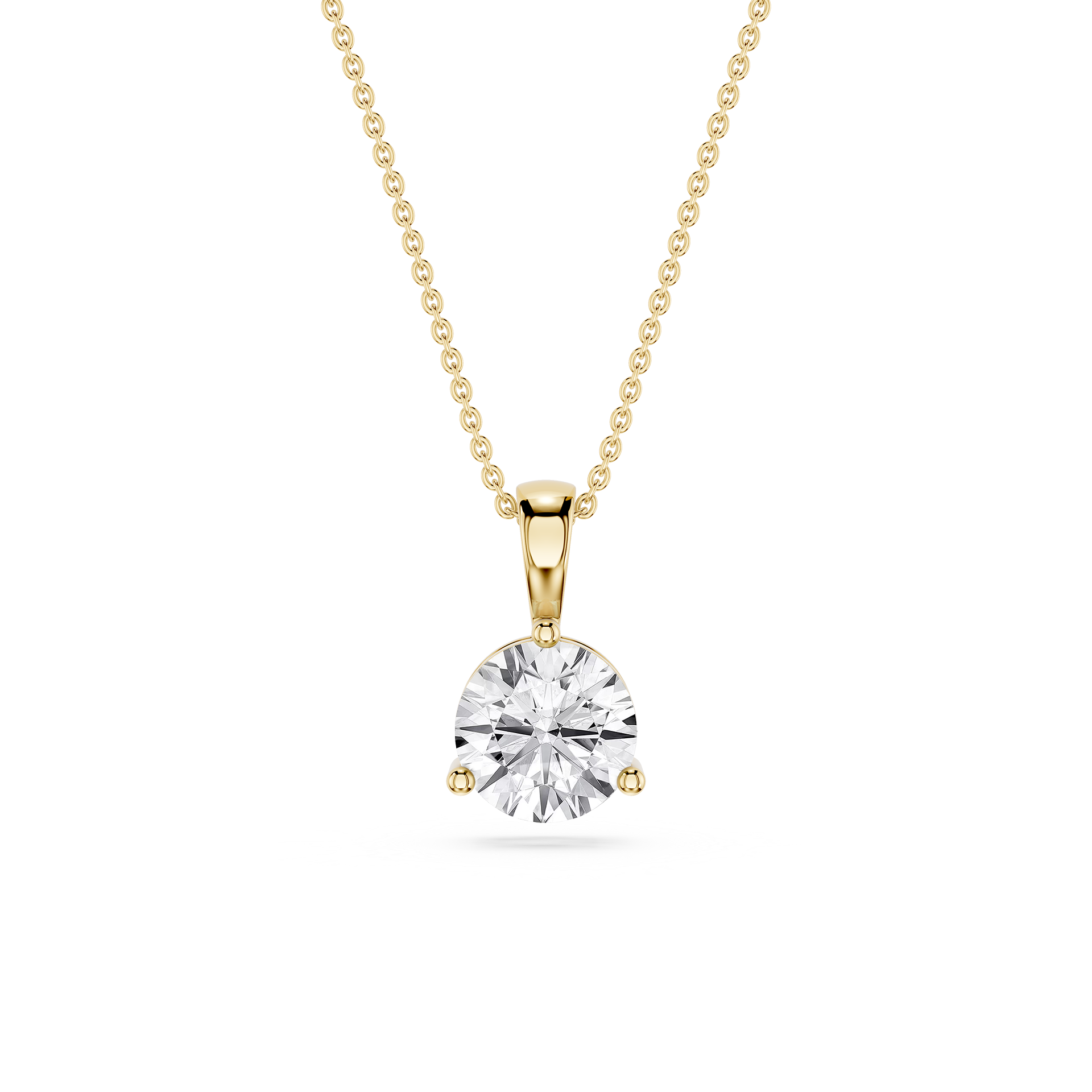 Gold necklace with a round diamond pendant on a white background