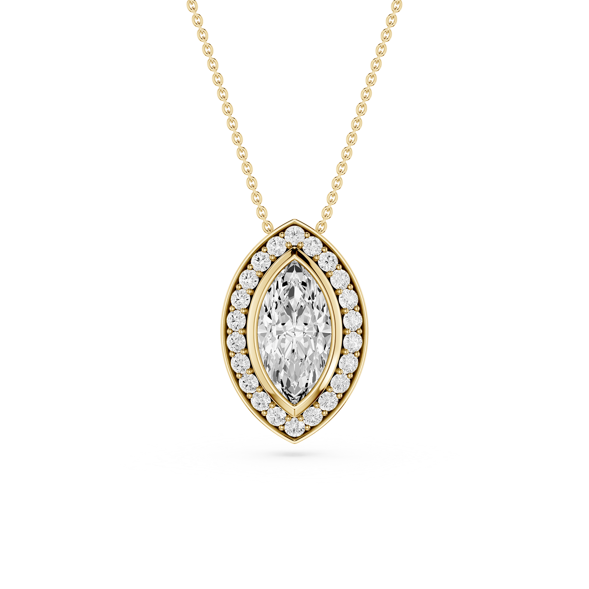 Gold necklace with a diamond pendant on a white background