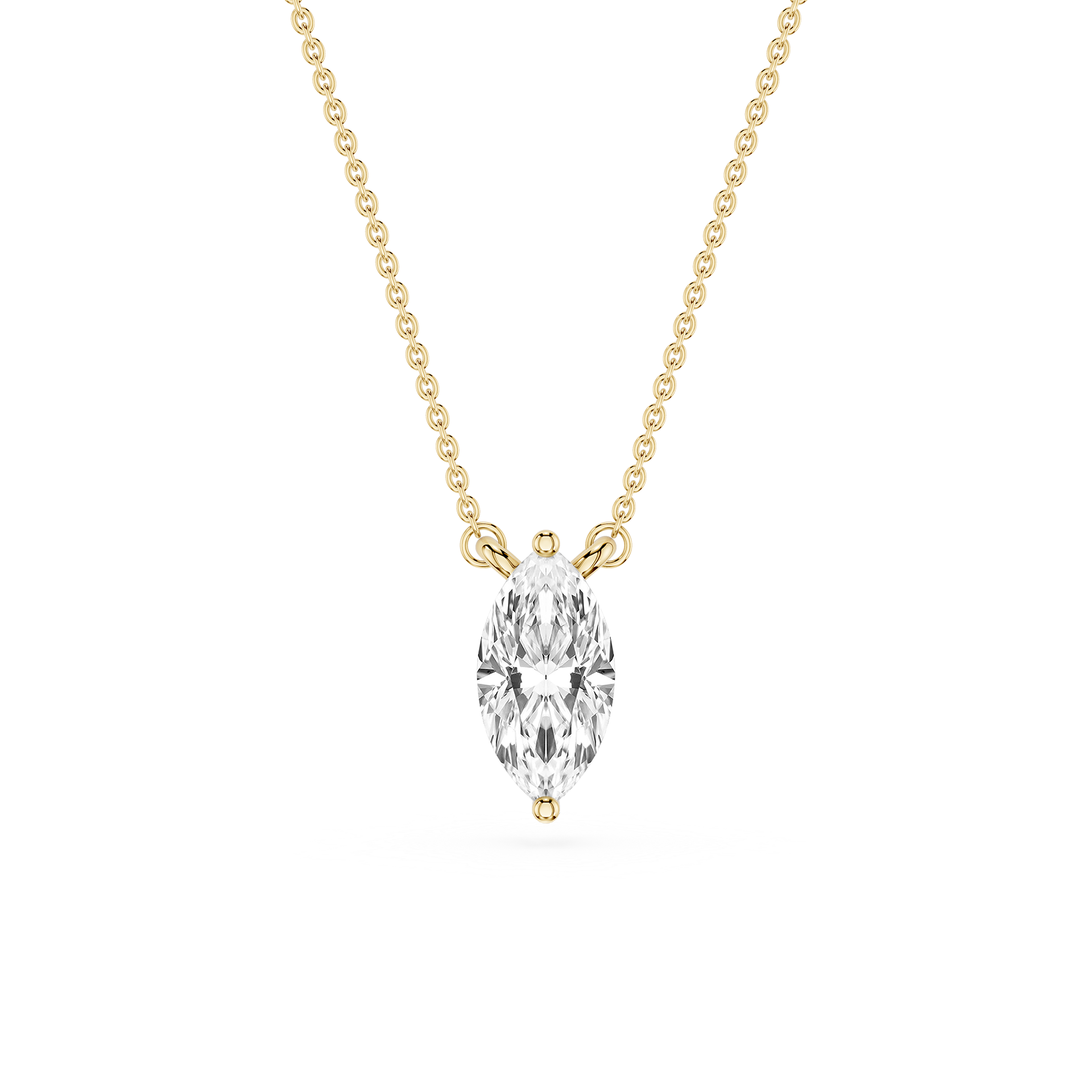 Gold necklace with a clear marquise-shaped pendant on a white background