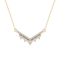 Gold necklace with a V-shaped diamond pendant on a white background