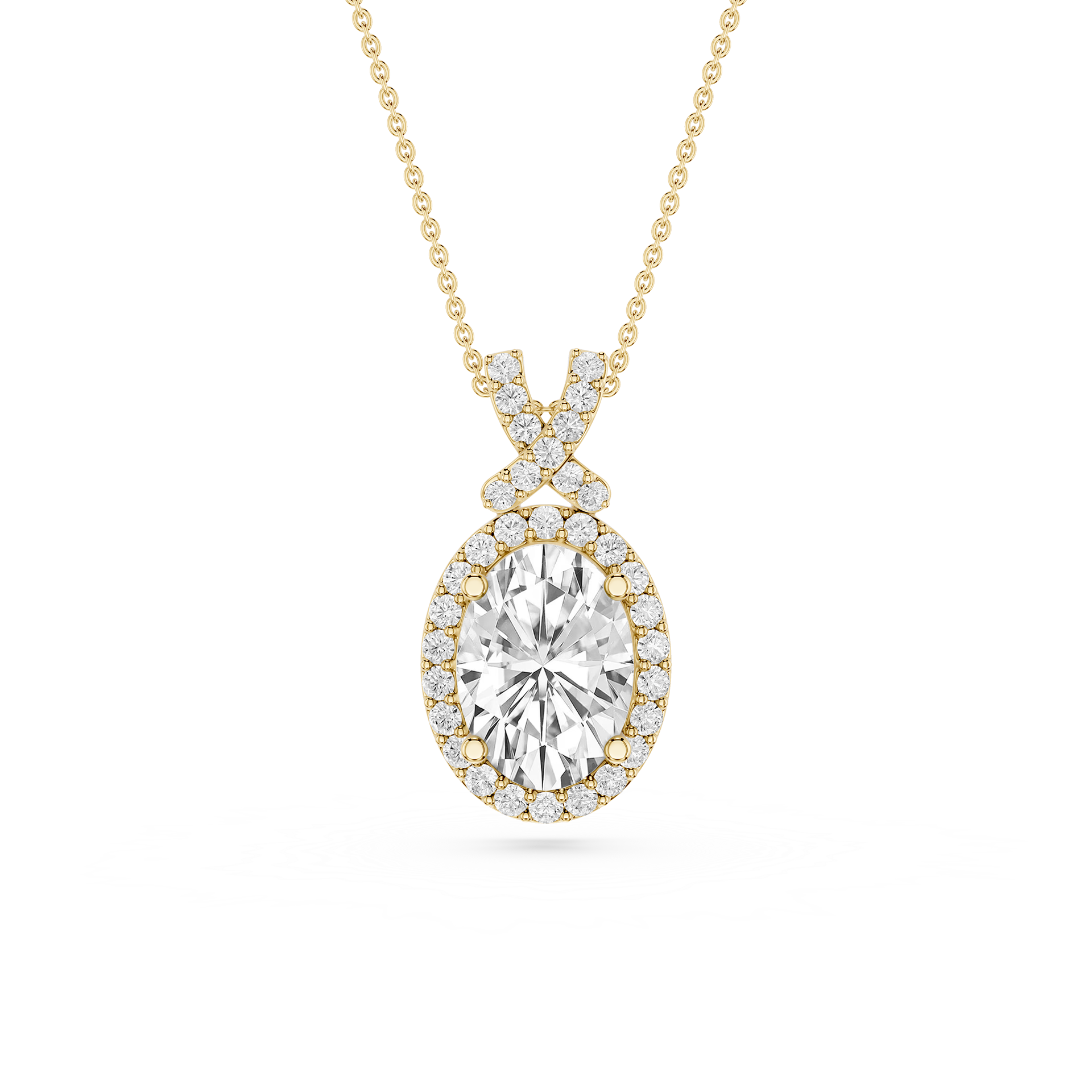 Gold necklace with a diamond pendant on a white background