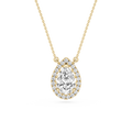Gold necklace with a teardrop-shaped diamond pendant on a white background