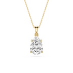 A pear-cut diamond pendant necklace in a yellow gold setting on a delicate gold chain, shown against a plain white background.