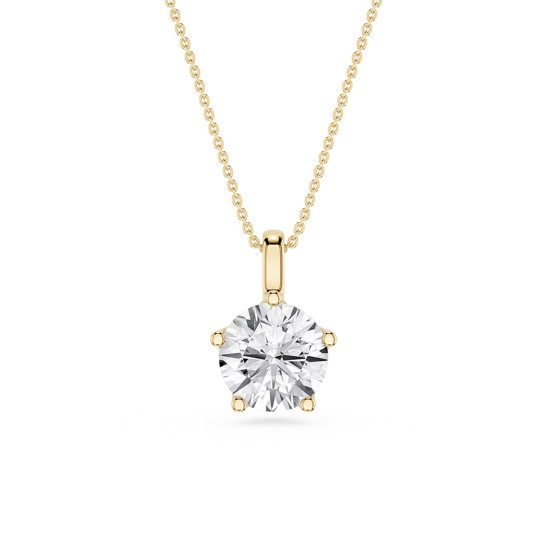 Gold necklace with a round diamond pendant on a white background