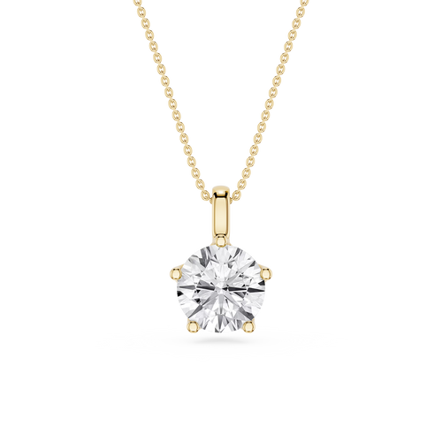 Gold necklace with a round diamond pendant on a white background