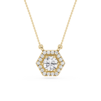 Gold necklace with a hexagonal diamond pendant on a white background