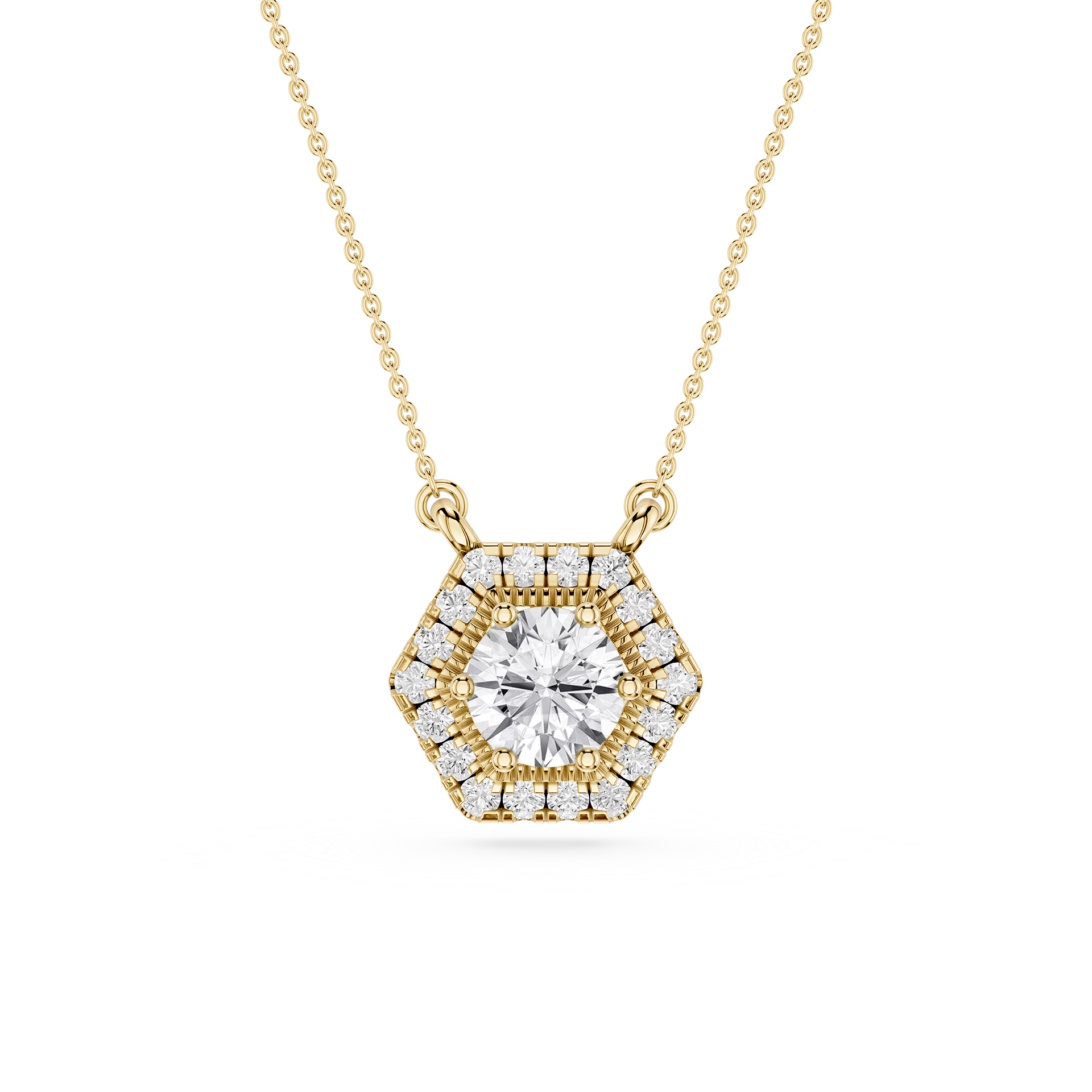 Gold necklace with a hexagonal diamond pendant on a white background