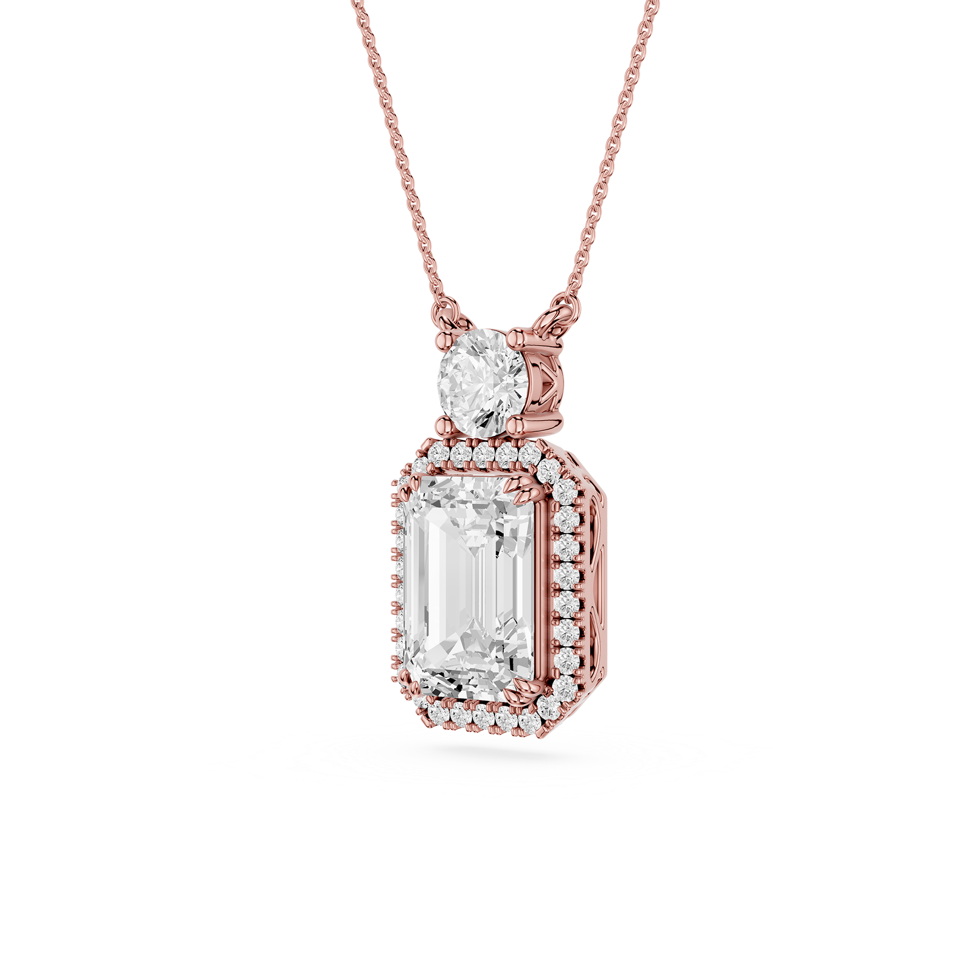 Emerald Cut Lab Grown Diamond Halo Drop Pendant Necklace