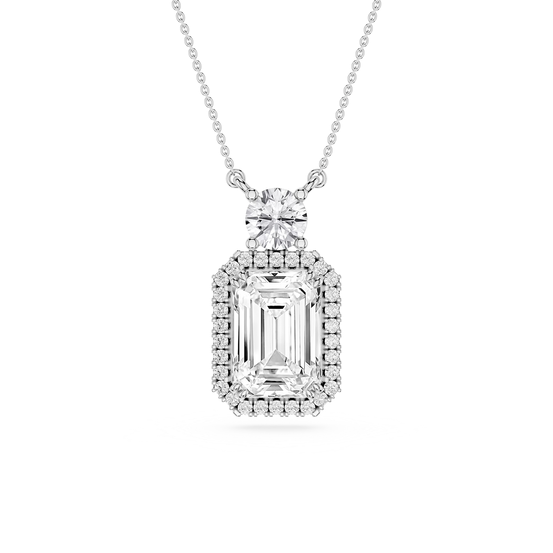 Emerald Cut Lab Grown Diamond Halo Drop Pendant Necklace