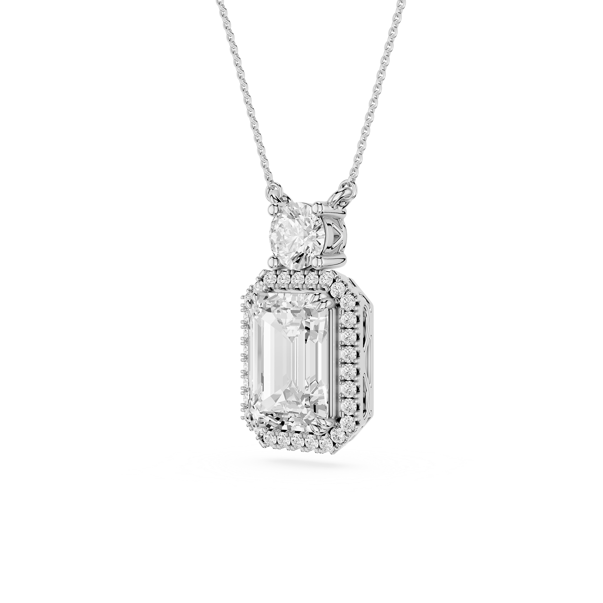 Emerald Cut Lab Grown Diamond Halo Drop Pendant Necklace