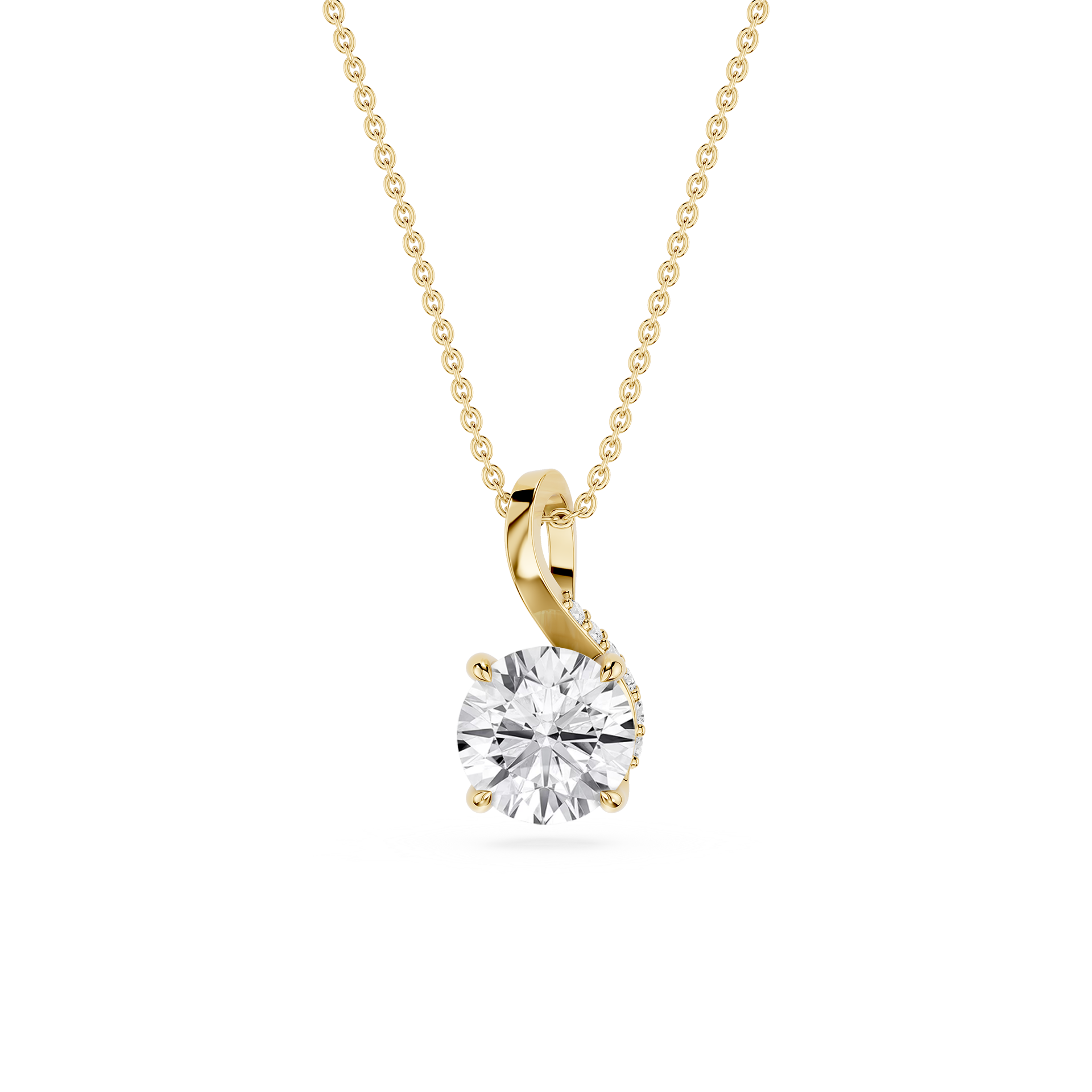 Gold necklace with a diamond pendant on a white background