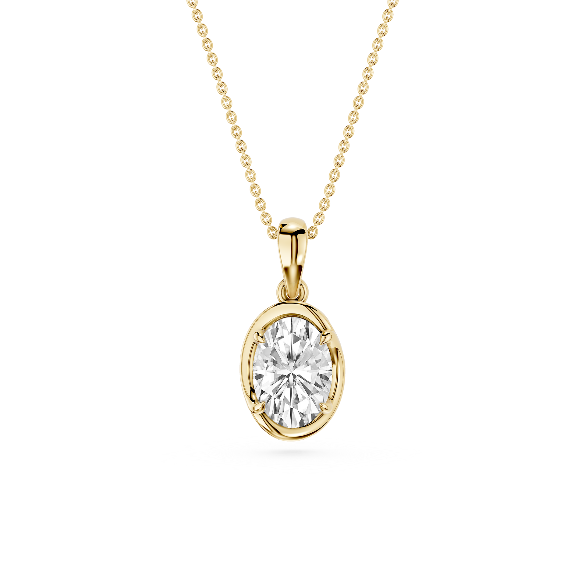 Gold necklace with a diamond pendant on a white background
