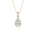 Gold necklace with a teardrop-shaped diamond pendant on a white background