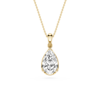 Gold necklace with a teardrop-shaped diamond pendant on a white background