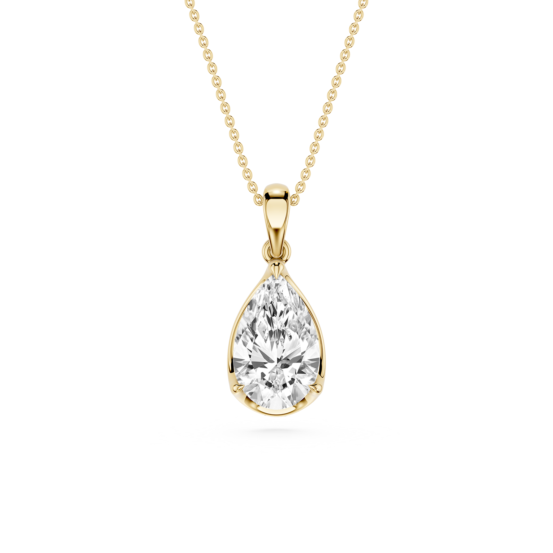 Gold necklace with a teardrop-shaped diamond pendant on a white background