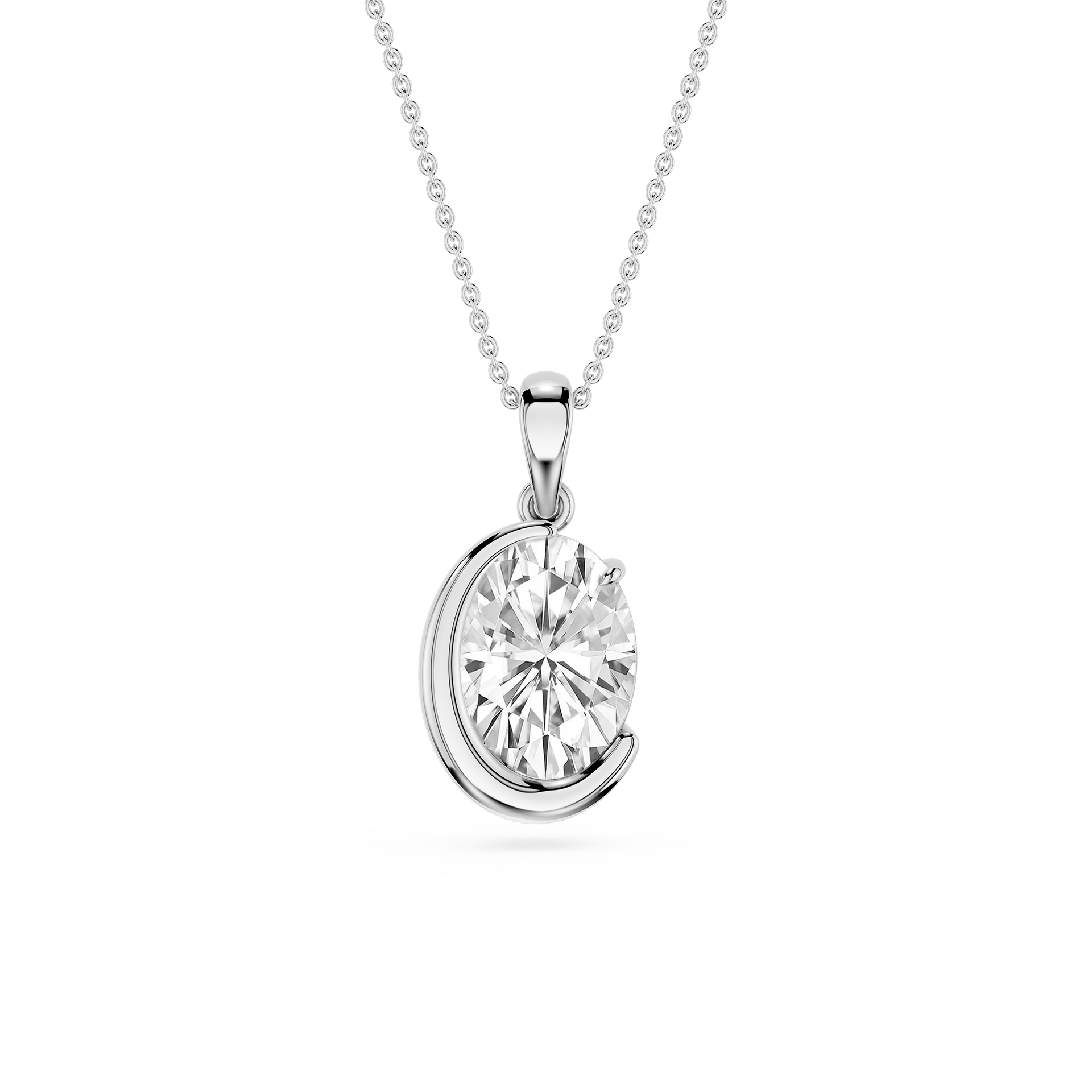 Oval Cut Lab Grown Diamond Half Bezel Pendant Necklace