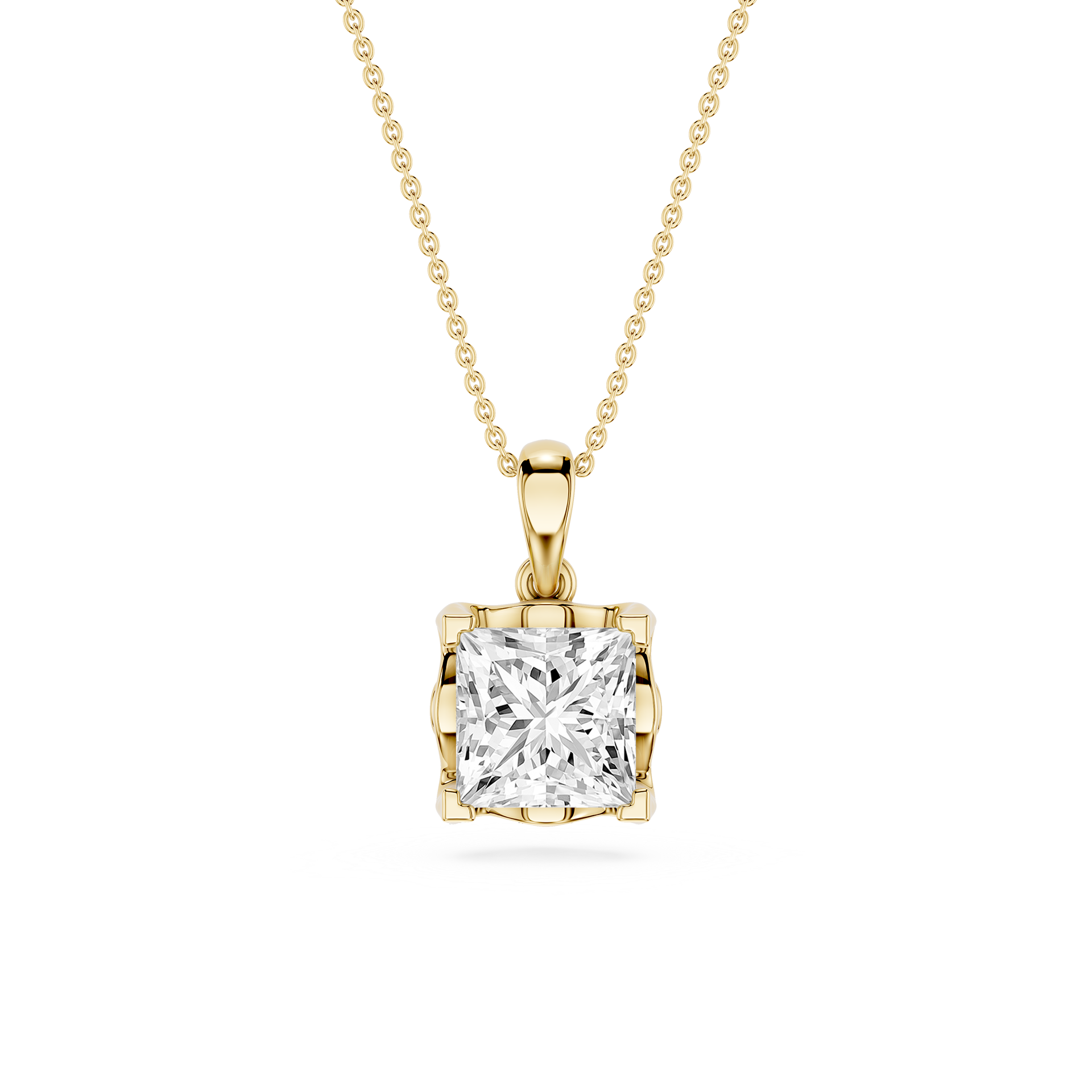 Gold pendant necklace with a clear gemstone on a white background