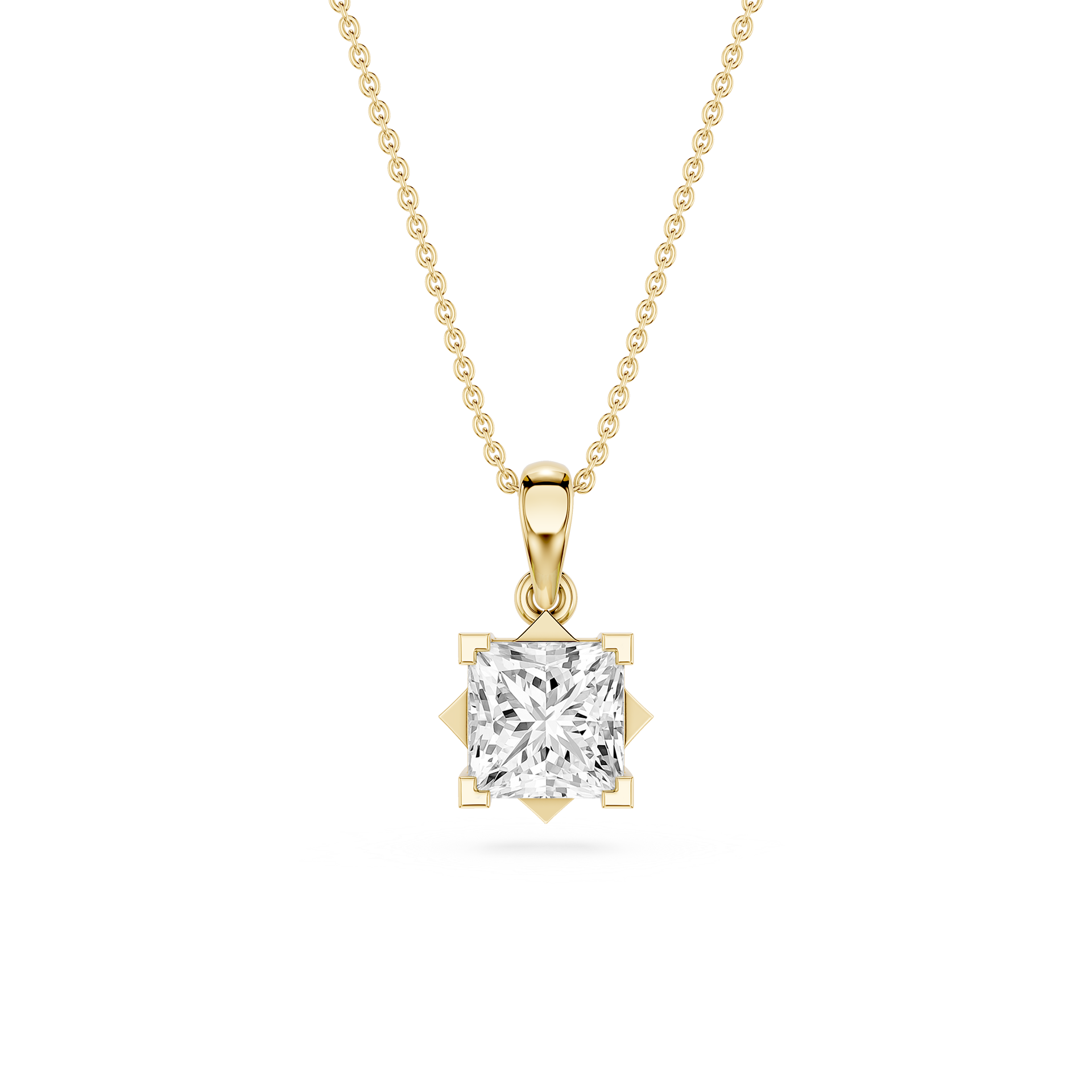 Gold necklace with a diamond pendant on a white background