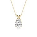 Gold necklace with a pear-shaped diamond pendant on a white background