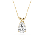 Gold necklace with a pear-shaped diamond pendant on a white background