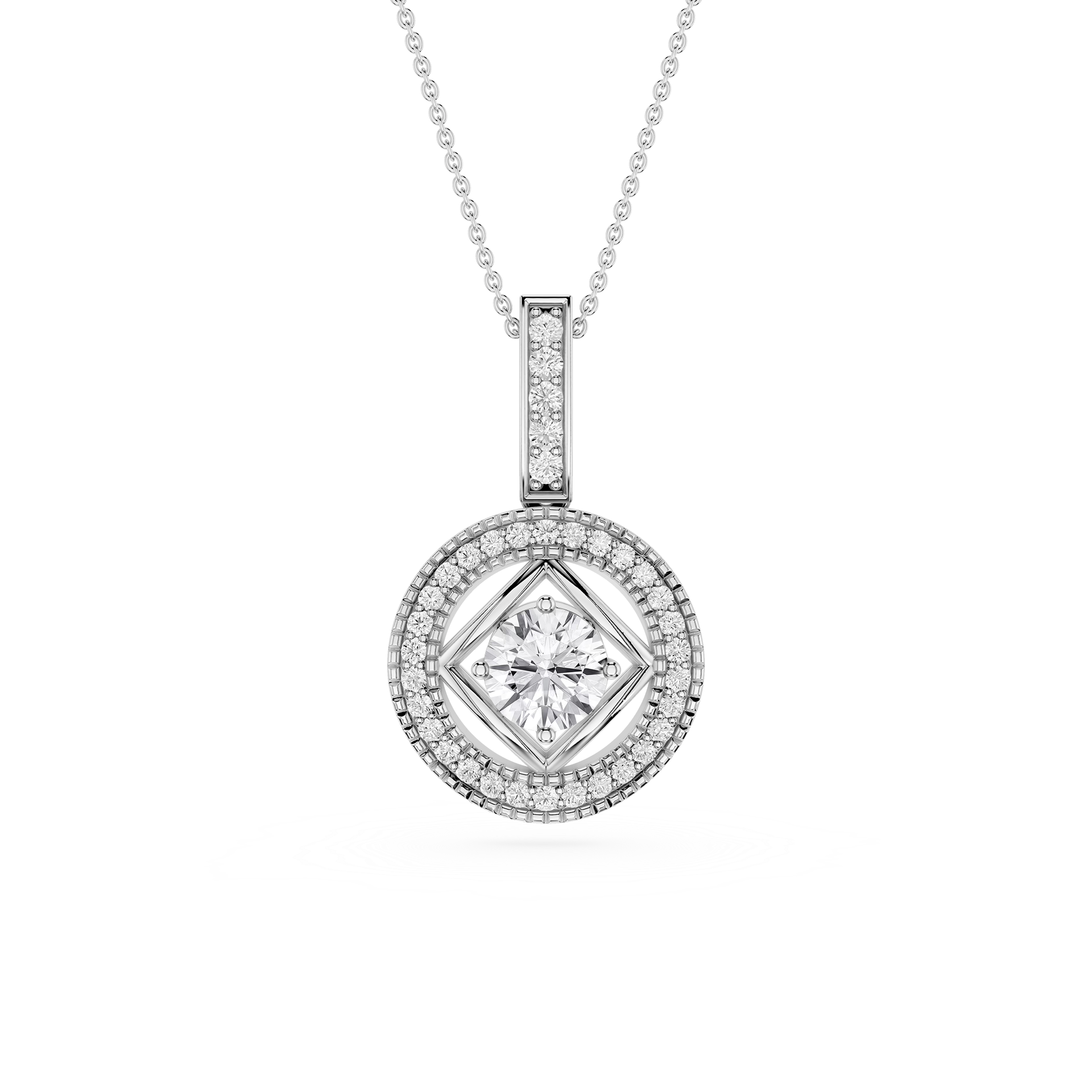 Round Lab Grown Diamond Geometric Halo Pendant Necklace