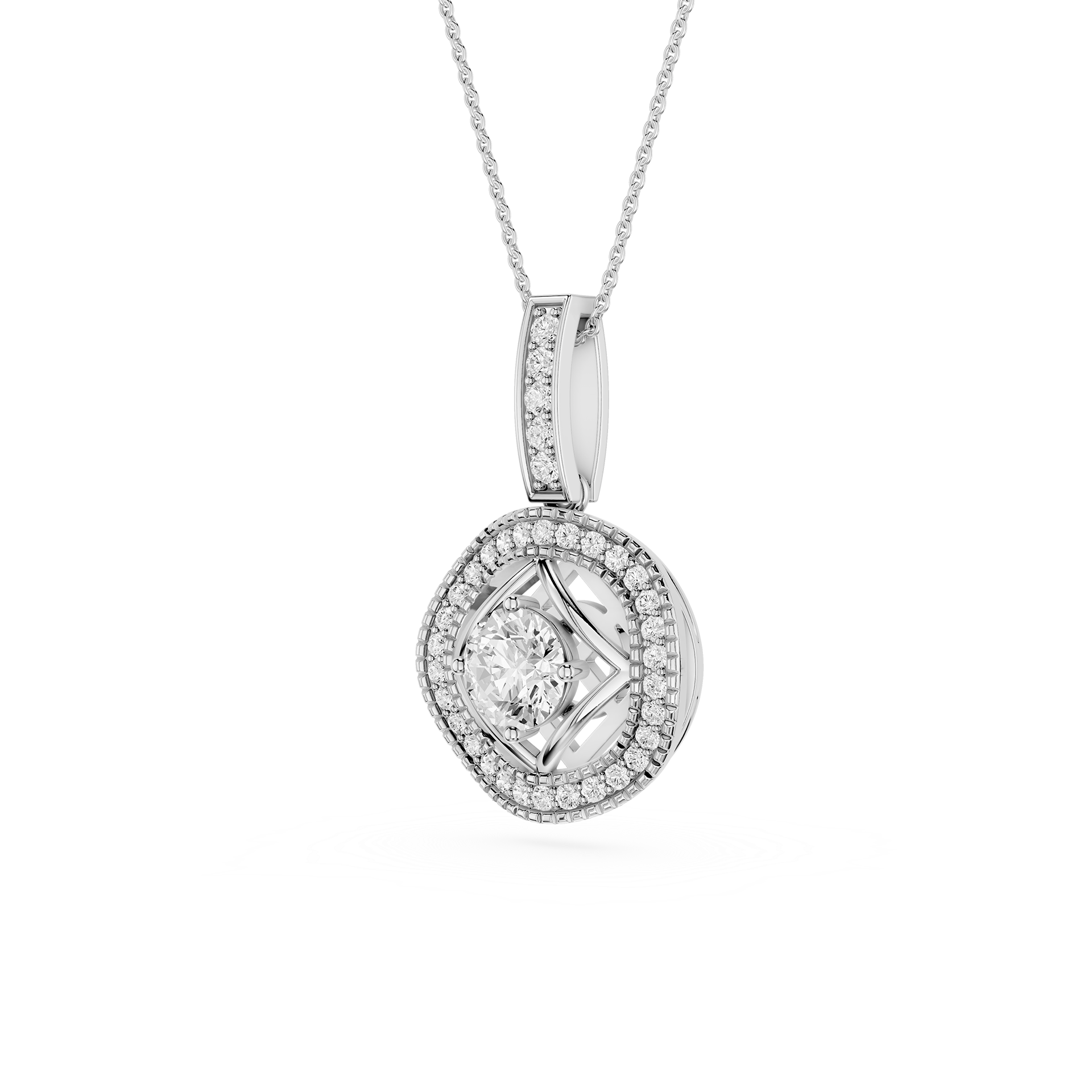 Round Lab Grown Diamond Geometric Halo Pendant Necklace