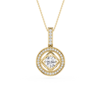 Gold necklace with a diamond pendant on a white background