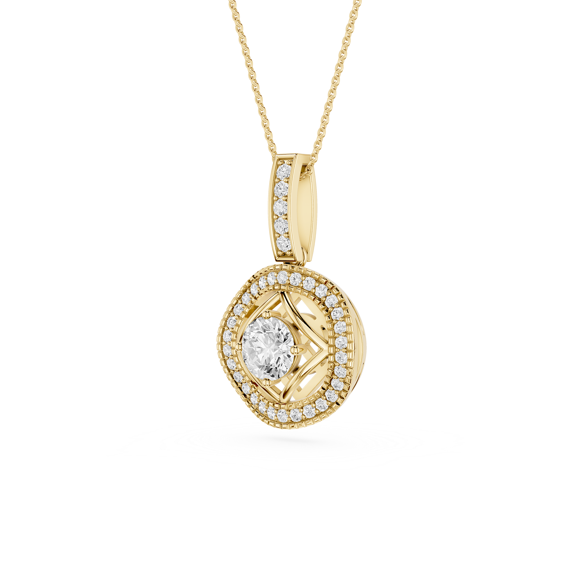 Round Lab Grown Diamond Geometric Halo Pendant Necklace