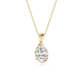 Gold necklace with a teardrop-shaped diamond pendant on a white background