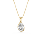 Gold necklace with a teardrop-shaped diamond pendant on a white background