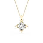 Gold necklace with a diamond pendant on a white background