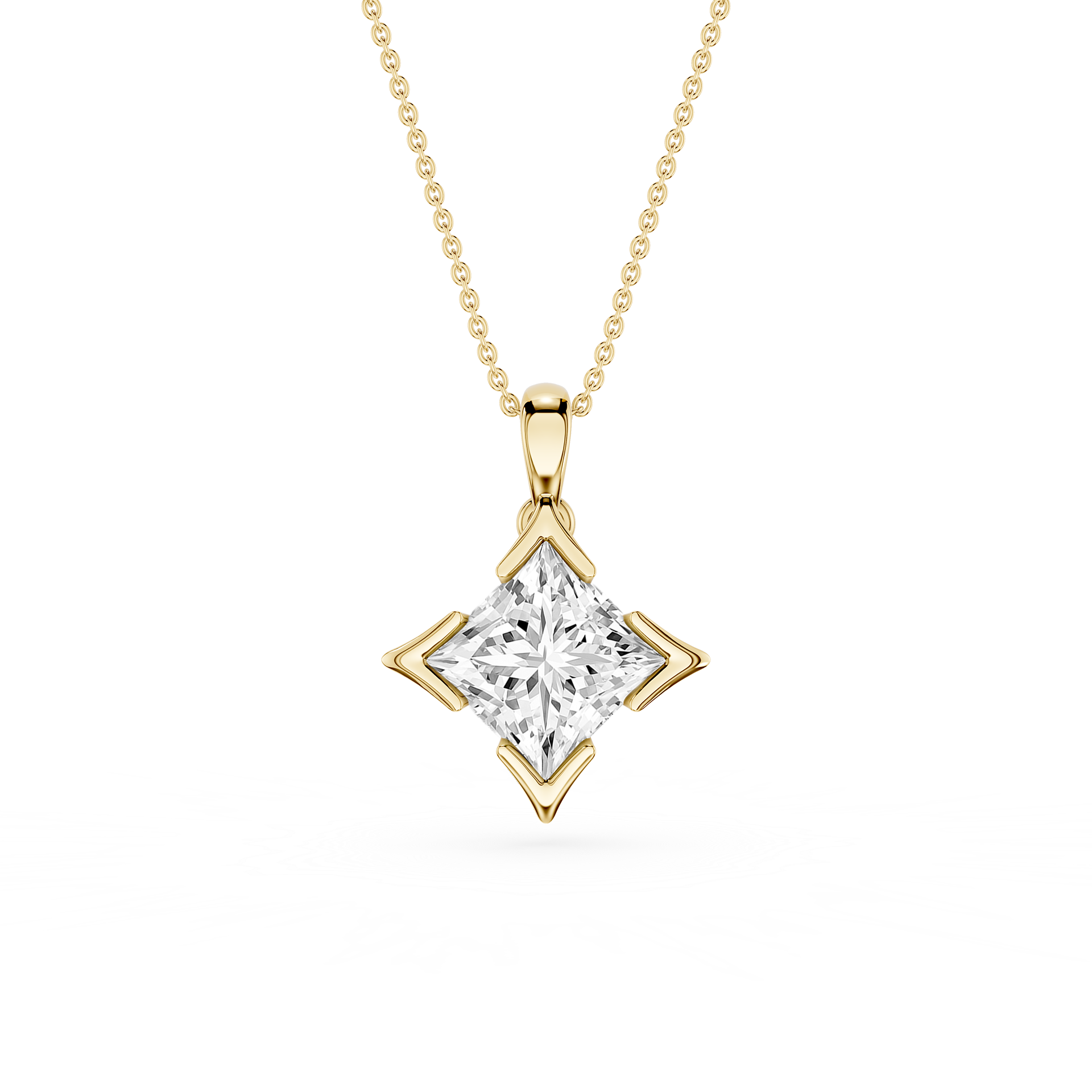 Gold necklace with a diamond pendant on a white background