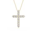 Gold cross pendant necklace with diamonds on a white background