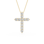 Gold cross pendant necklace with diamonds on a white background