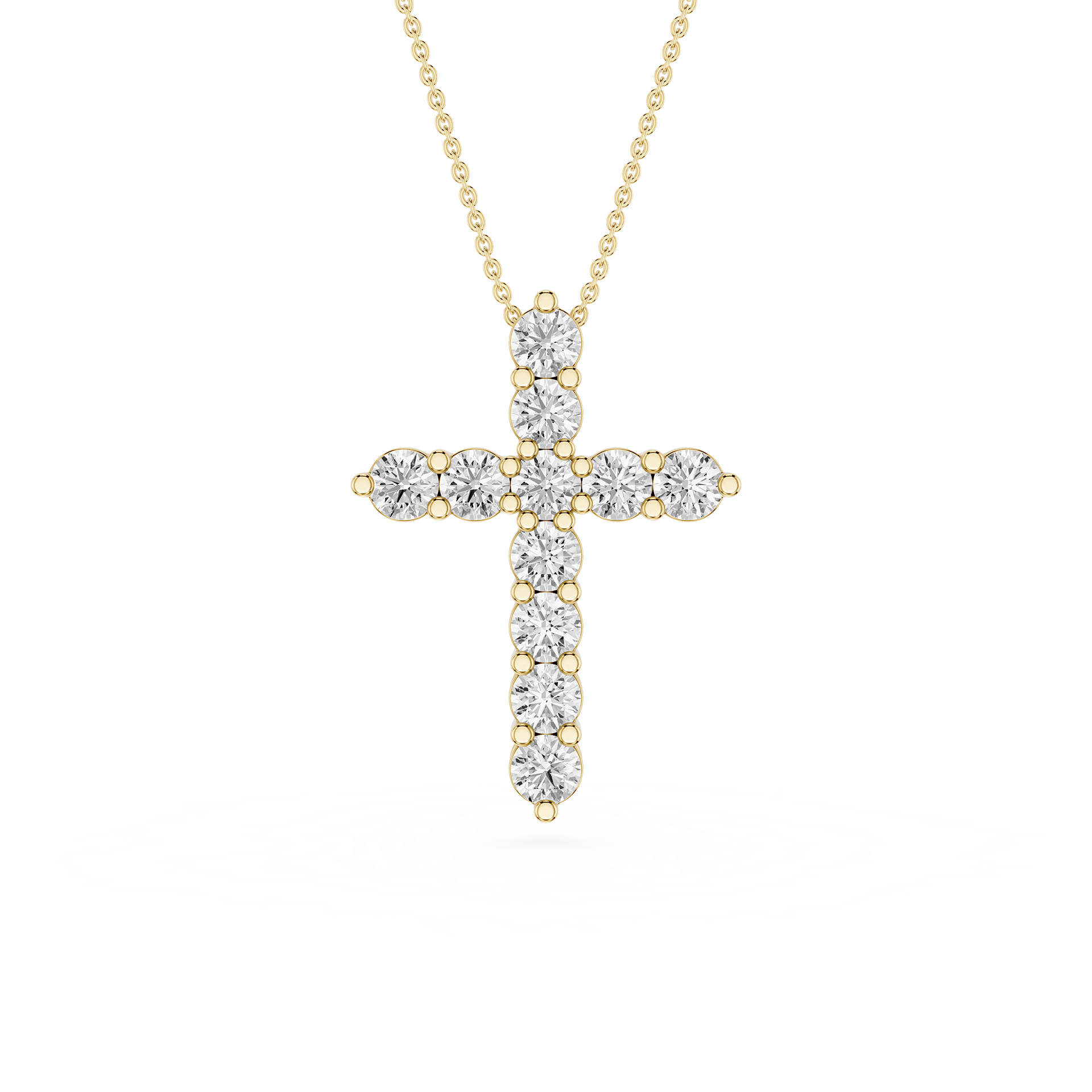 Gold cross pendant necklace with diamonds on a white background