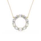 Gold necklace with a circular pendant featuring emerald-cut diamonds on a white background