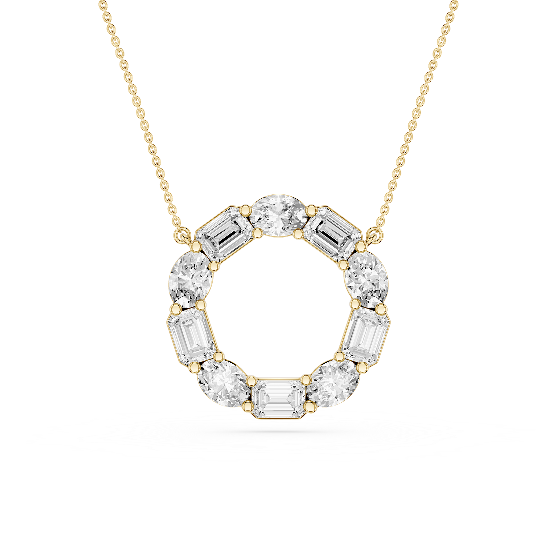 Gold necklace with a circular pendant featuring emerald-cut diamonds on a white background
