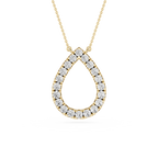 Gold necklace with a teardrop-shaped diamond pendant on a white background