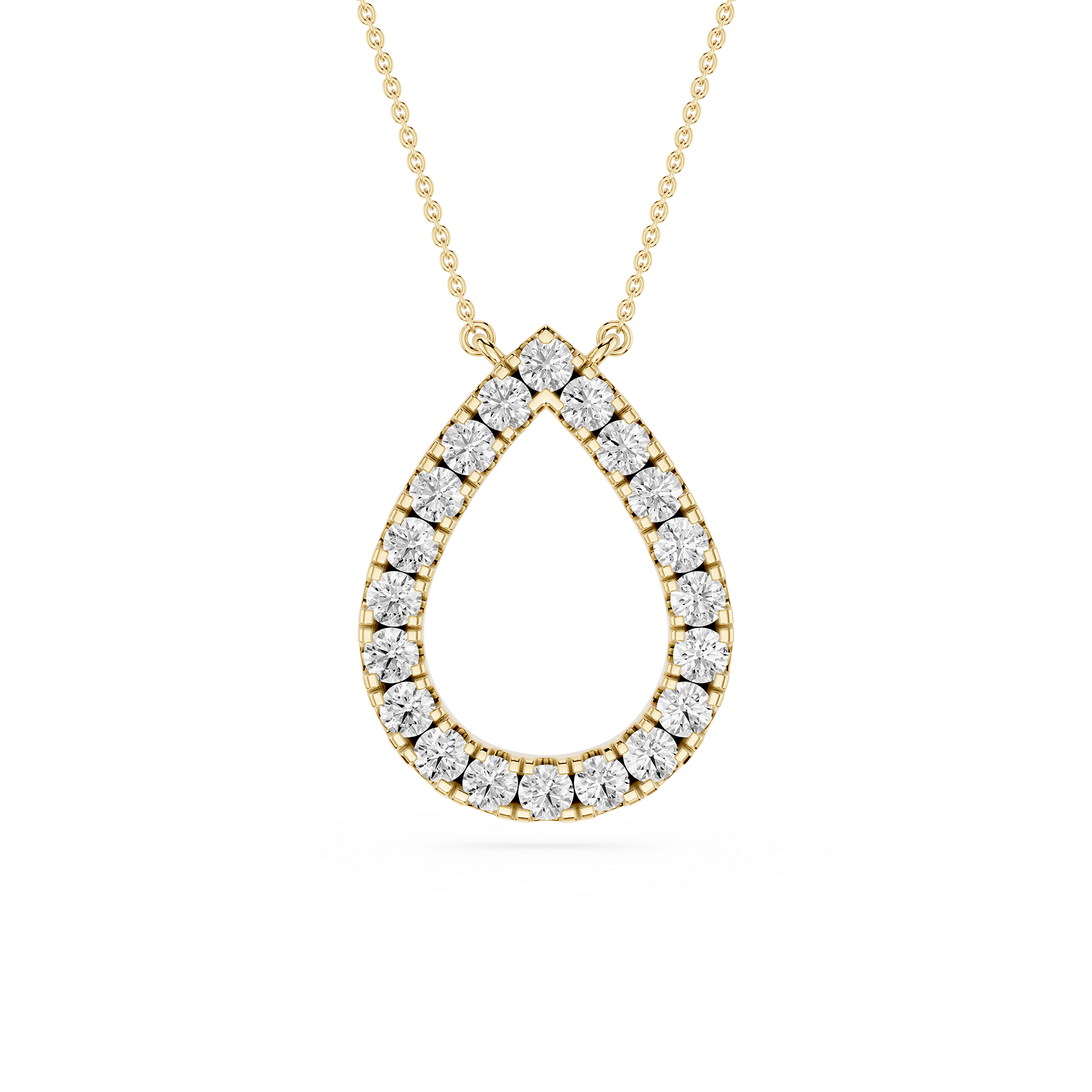 Gold necklace with a teardrop-shaped diamond pendant on a white background