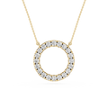Gold necklace with a circular pendant featuring diamonds on a white background